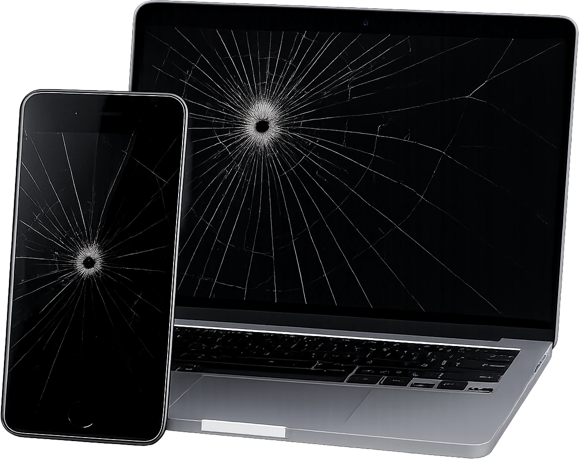 Phone, tablet, and laptop with cracked screens