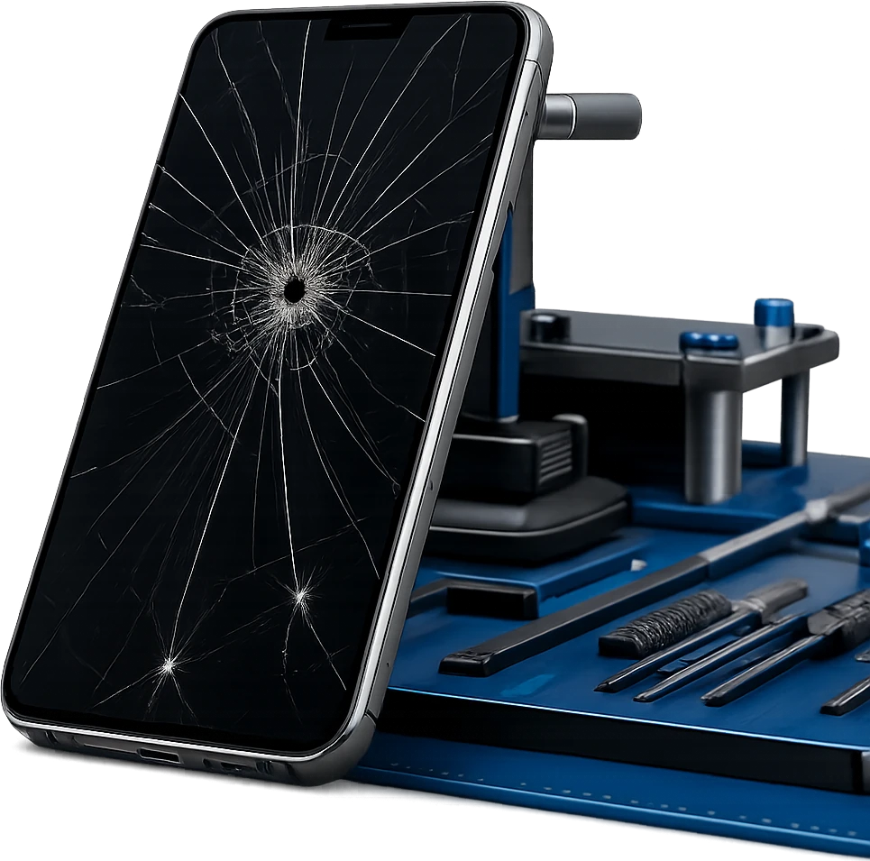 Phone with cracked screen on repair station